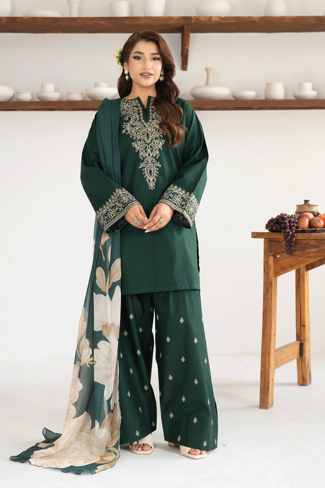 PZ-2634 Unstitched Fully Embroidered Dhanak Suit With Digital Printed Wool Shawl
