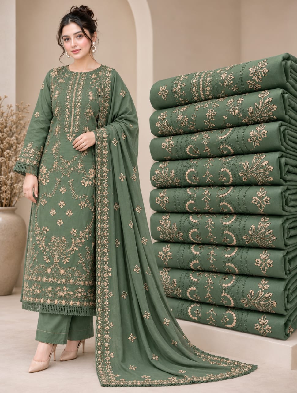 NS-33 (Sage Green) Un-Stitched Dhanak Embroidered Suit With Dhanak Embroidered Shawl