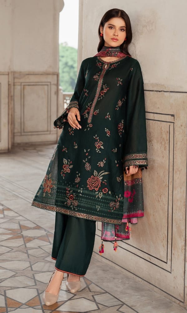 JZ-580 Dhanak Embroidered Suit With Digital Printed Woolen Shawl