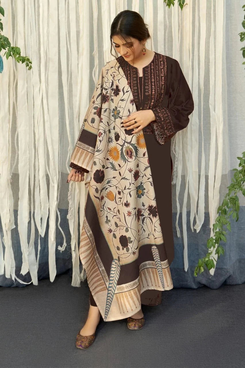 MB-845(B) Dhanak Embroidered Suit With Digital Printed Wool Shawl