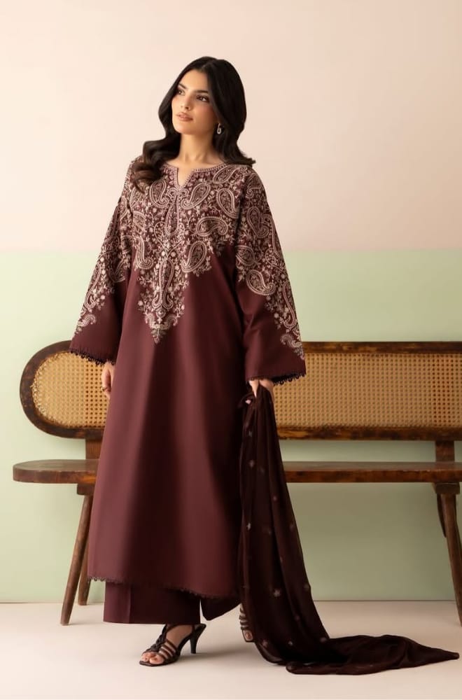 PZ-2563 Unstitched Fully Embroidered Dhanak Suit With Embroidered Dhanak Shawl