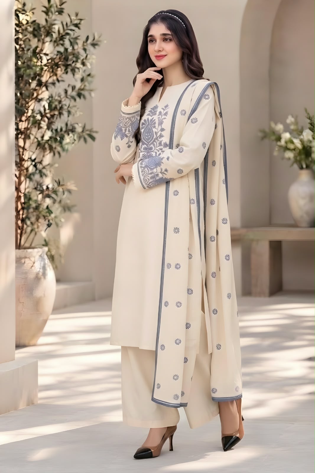 KH-3015 Unstitched Embroidered Dhanak Suit With Embroidered Dhanak Shawl