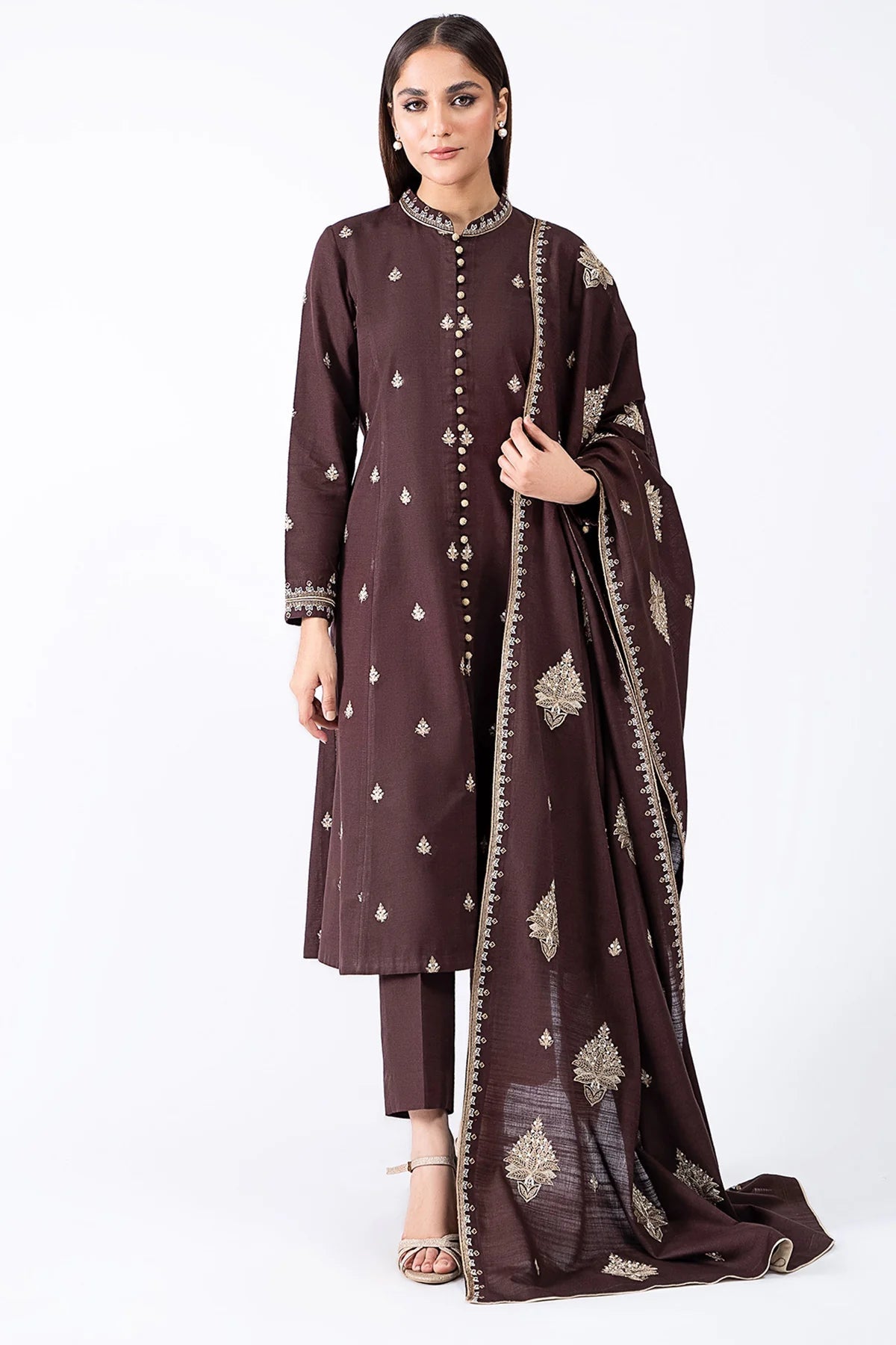 AA-10 Unstitched Embroidered Dhanak Suit With Dhanak Embroidered Shawl