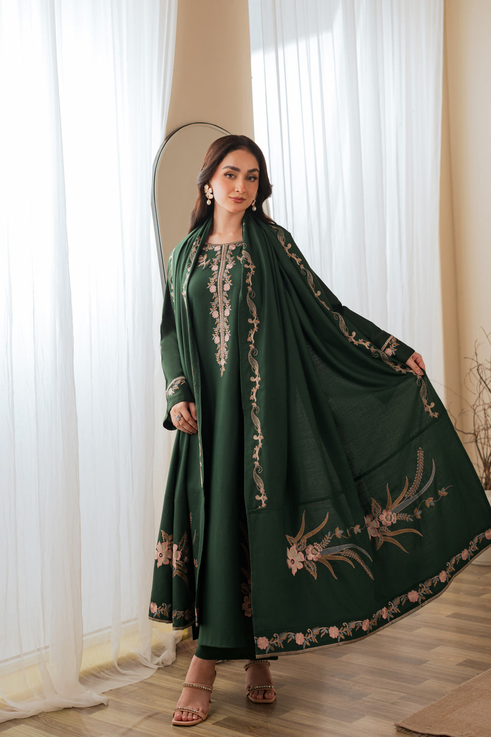 BK-2573 Unstitched Heavy Embroidered Dhanak Suit With Embroidered Dhanak Shawl