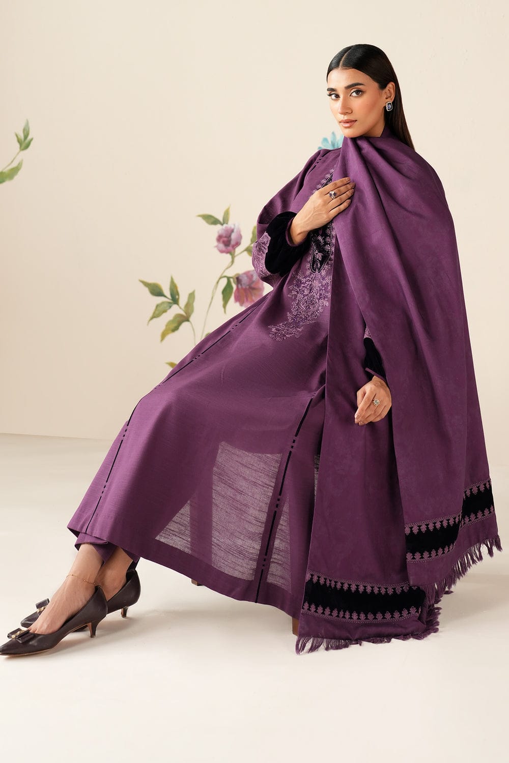 BQ-6433 Black Velvet Aplic Embroidered Dhanak Suit With Embroidered Dhanak Shawl