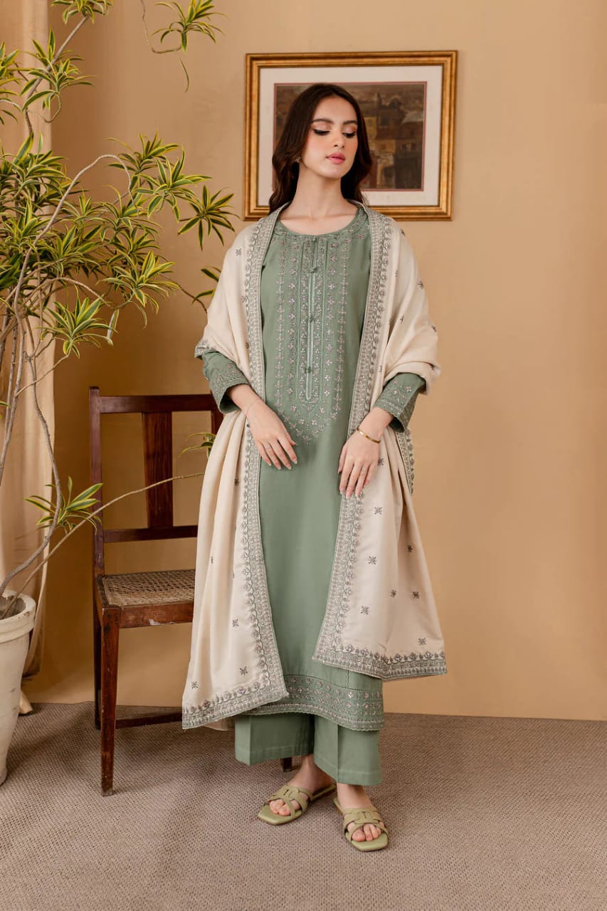 RP-600 Unstitched Heavy Embroidered Dhanak Suit With Embroidered Dhanak Shawl