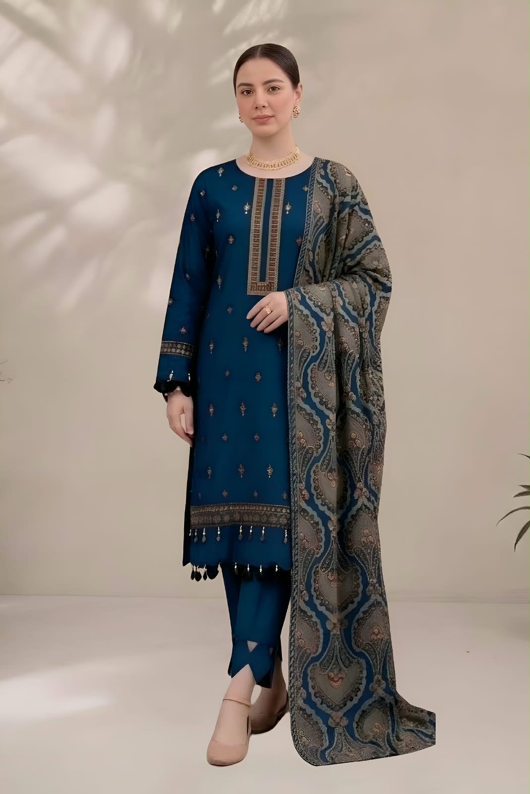 MB-2503(B) Dhanak Embroidered Suit with Dhanak Embroidered Aplik Cut Work Shawl