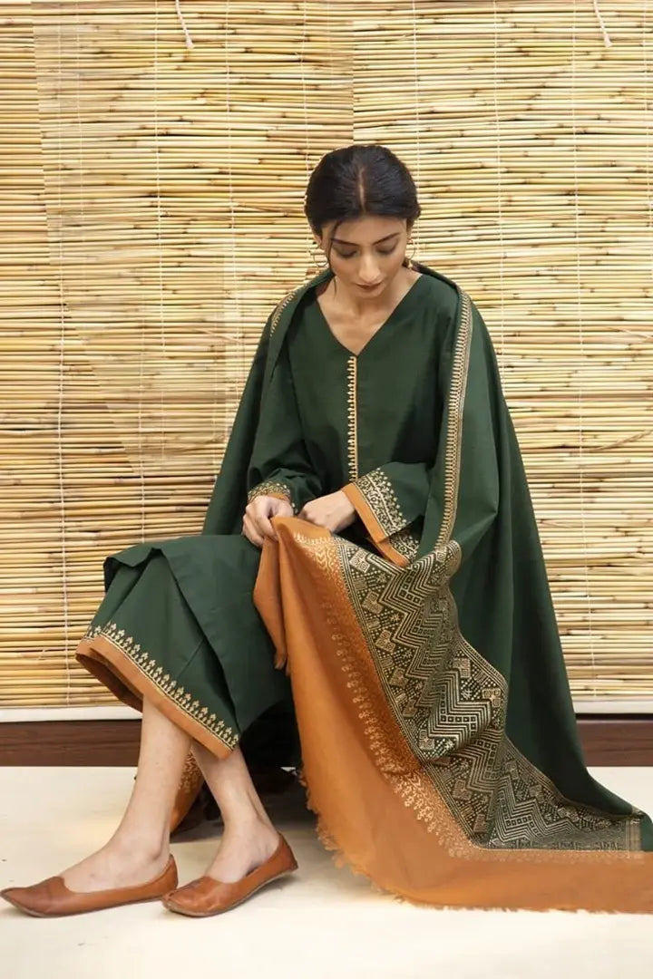BR--1075 3Pc Unstitched Dhanak Suit with Printed Woolen Shawl