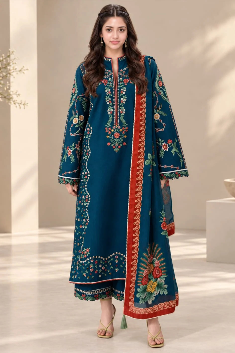 HR-3025 Unstitched Fully Embroidered Dhanak Suit With Digital Printed Wool Shawl