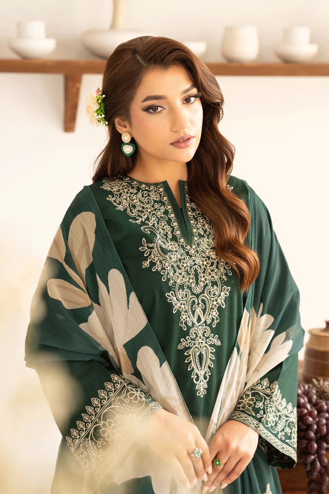 PZ-2634 Unstitched Fully Embroidered Dhanak Suit With Digital Printed Wool Shawl