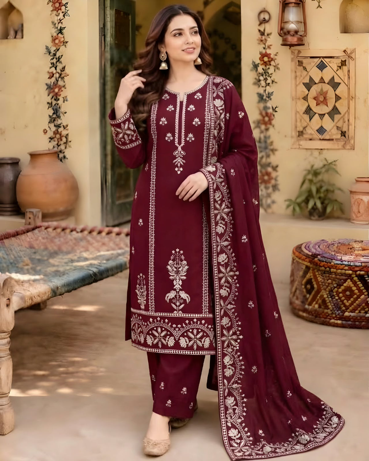 AS-3005 Unstitched Fully Embroidered Dhanak Suit With Embroidered Dhanak Shawl