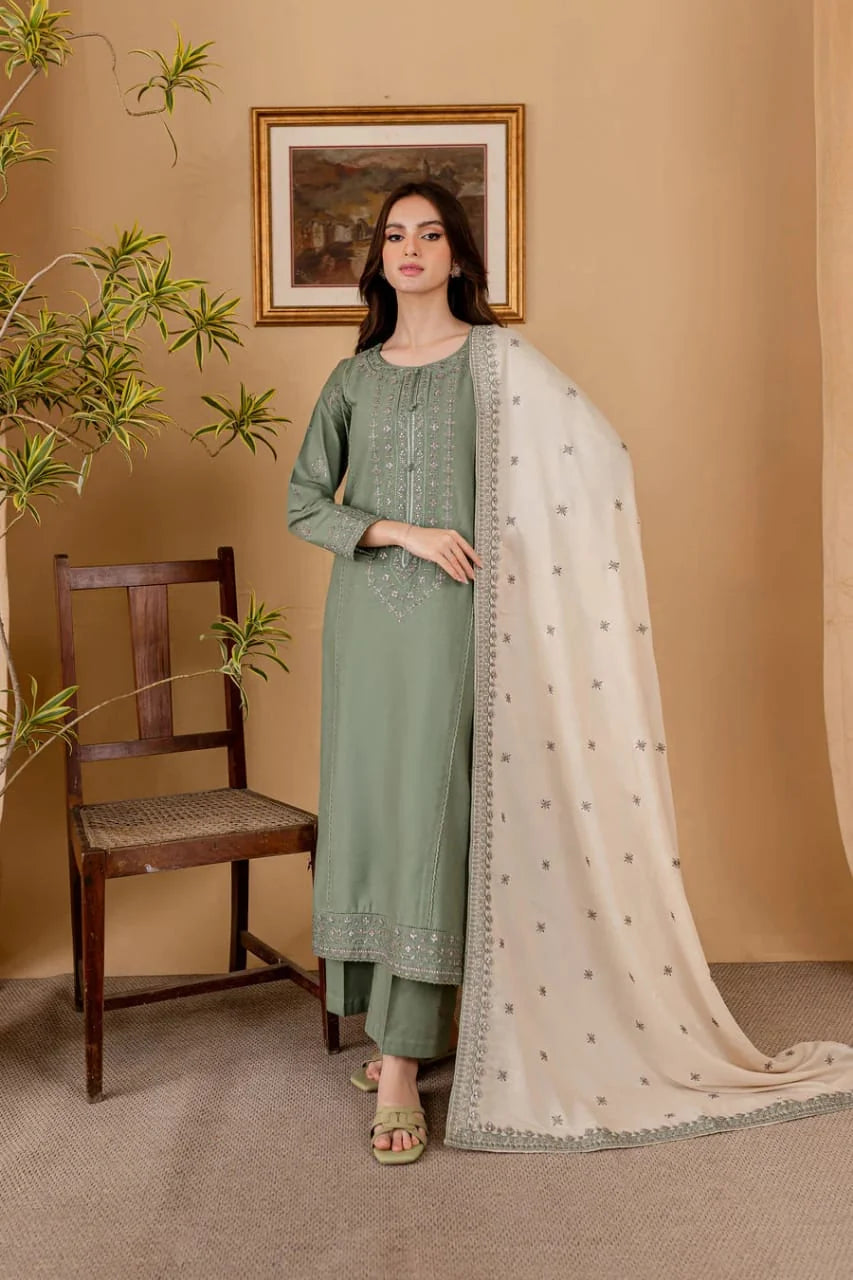 RP-600 Unstitched Heavy Embroidered Dhanak Suit With Embroidered Dhanak Shawl