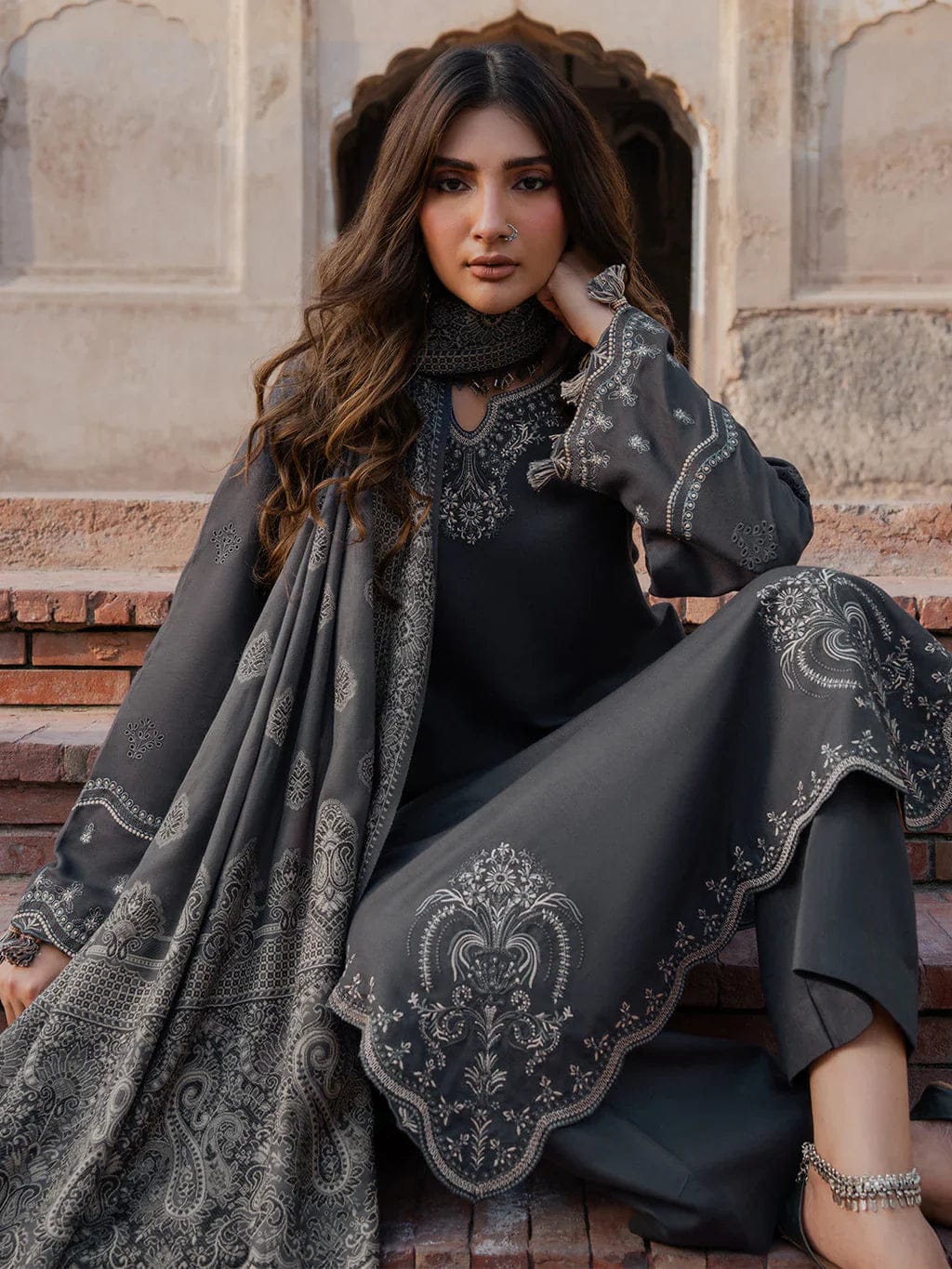 IZ-3733 Unstitched Heavy Embroidered Dhanak Suit With Printed Wool Shawl