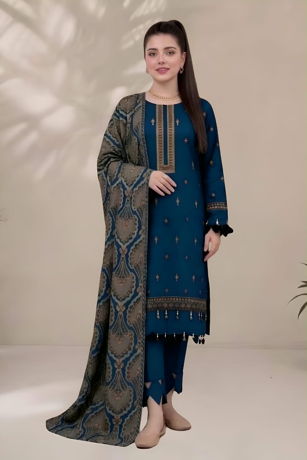 MB-2503(B) Dhanak Embroidered Suit with Dhanak Embroidered Aplik Cut Work Shawl