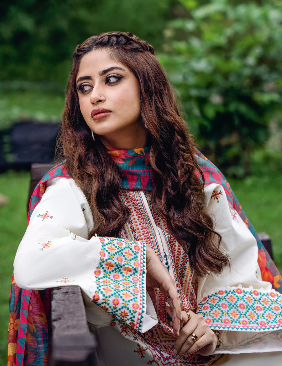 AJ-2543 Unstitched Fully Embroidered Dhanak Suit With Digital Printed Wool Shawl