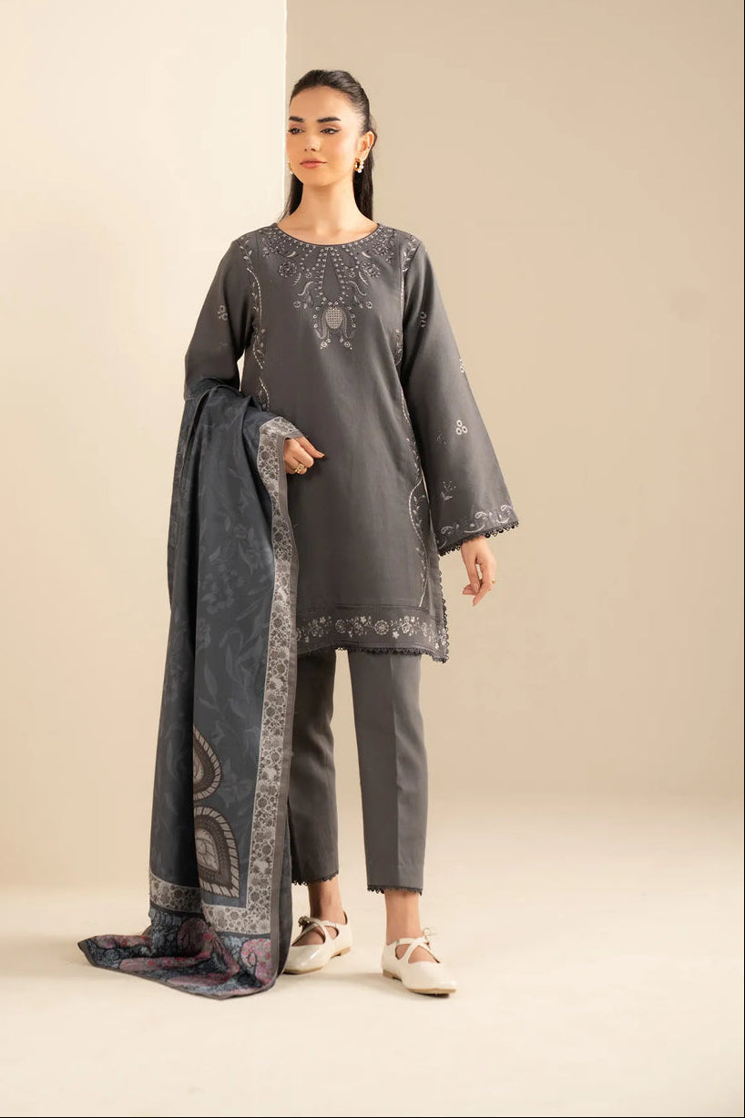 IZ-5333 Unstitched Fully Embroidered Dhanak Suit With Digital Printed Wool Shawl