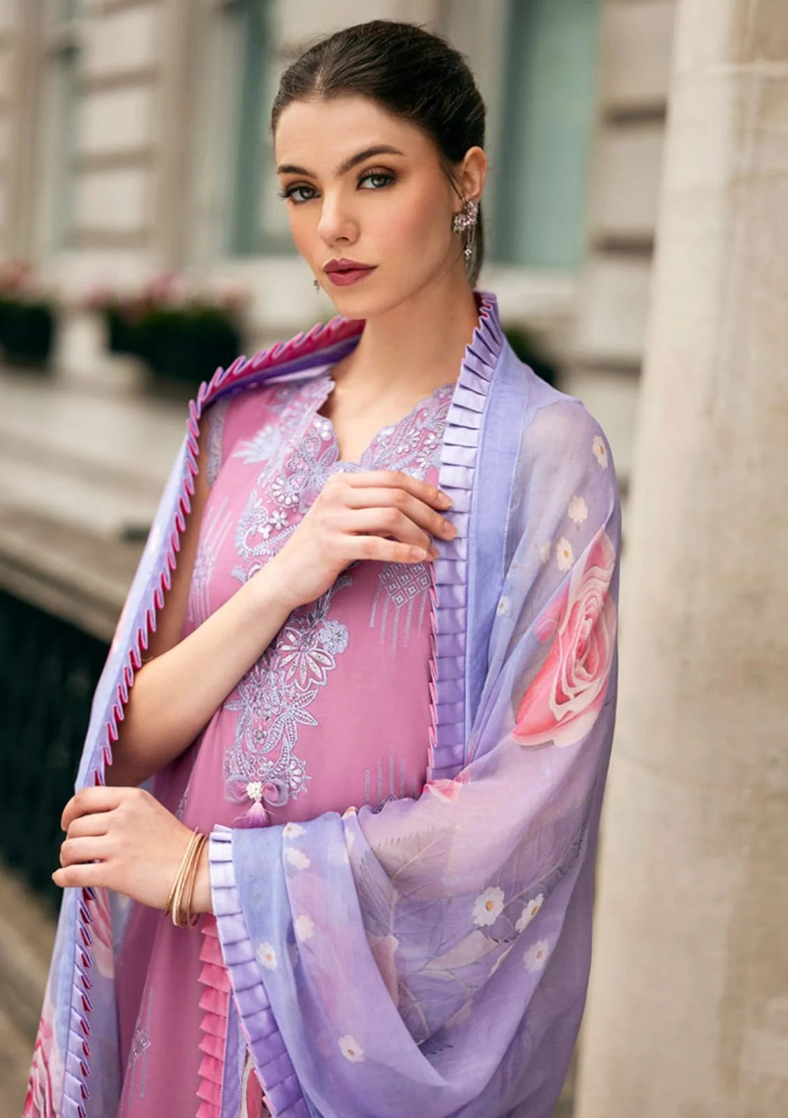 MS-2570B  Unstitched Embroidered Lawn 3pc Suit With Cotton Lawn Printed Dupatta