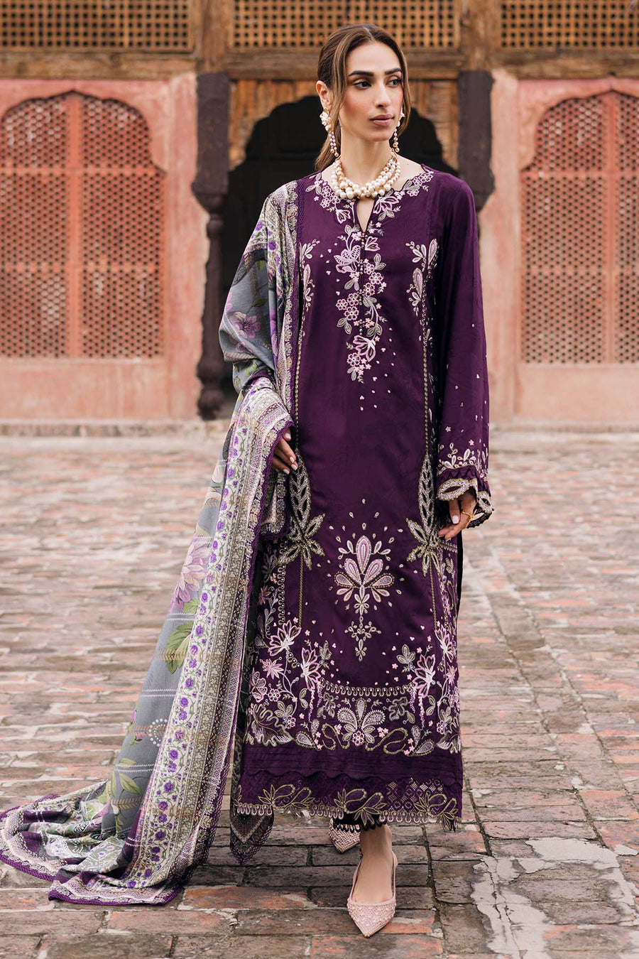 NY-2393 Unstitched Fully Embroidered Dhanak Suit With Digital Printed Wool Shawl