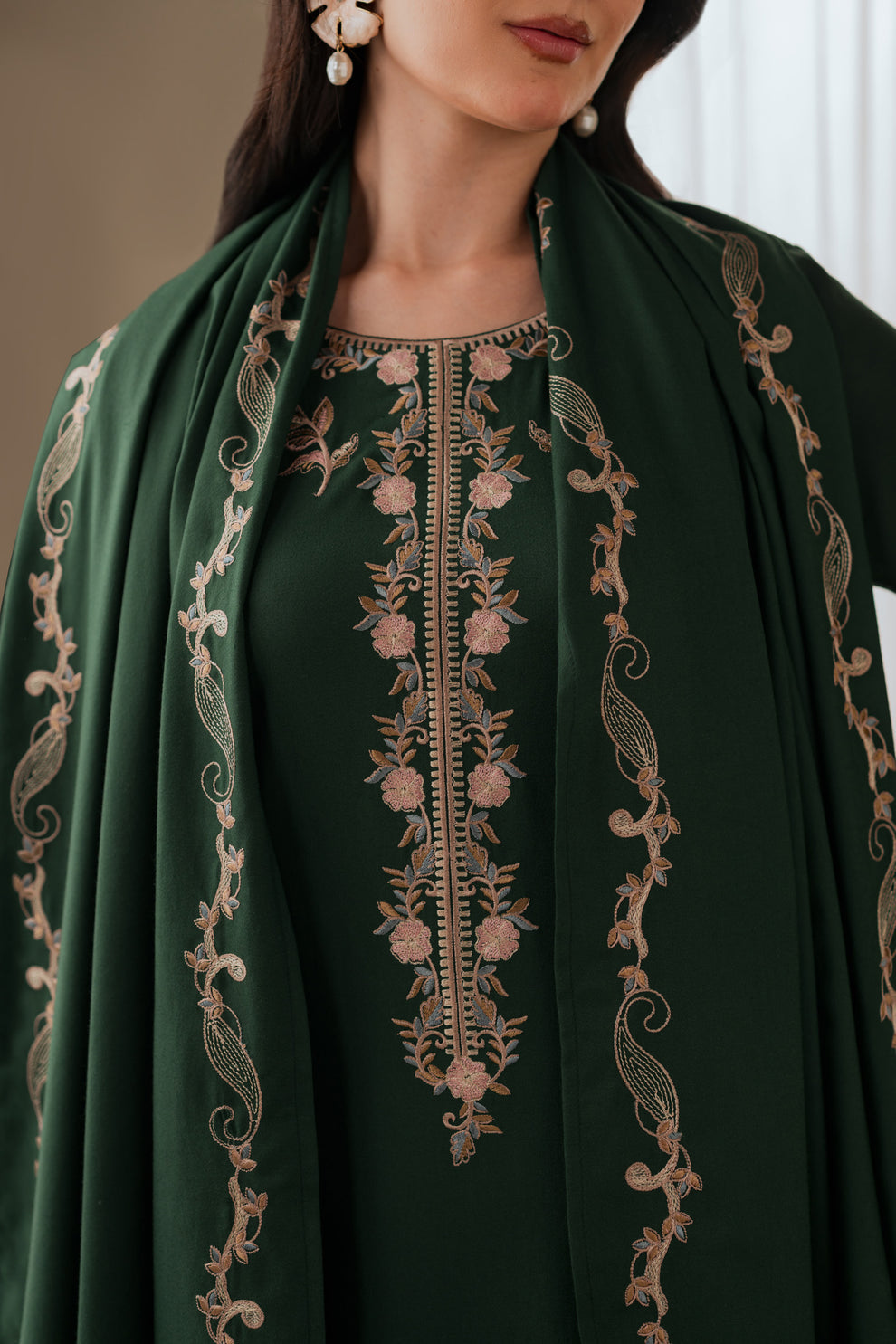BK-2573 Unstitched Heavy Embroidered Dhanak Suit With Embroidered Dhanak Shawl