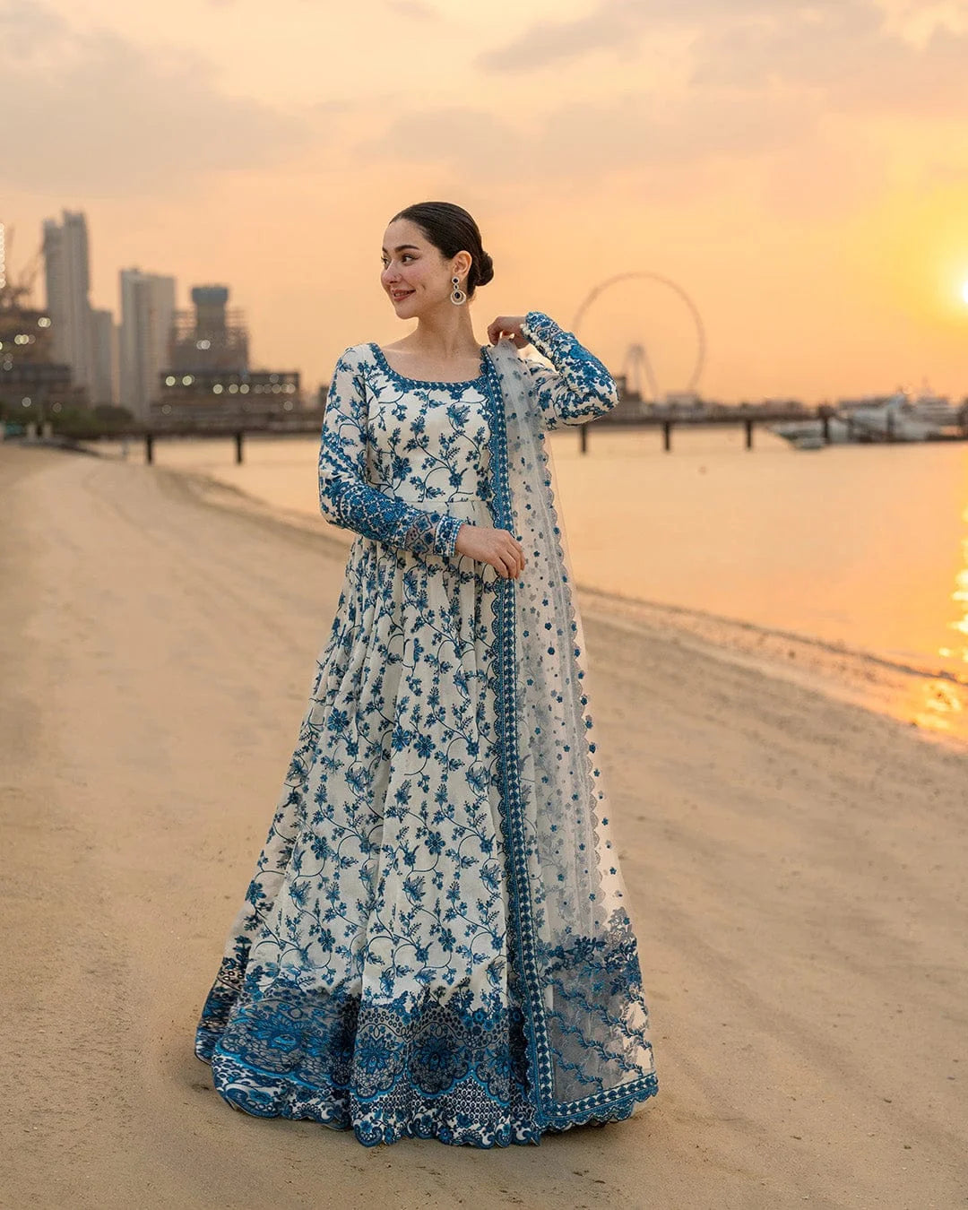 FS-1000 Lawn Unstitched Frock Fully Embroidered 3pc Suit With Organza Embroidered Dupatta