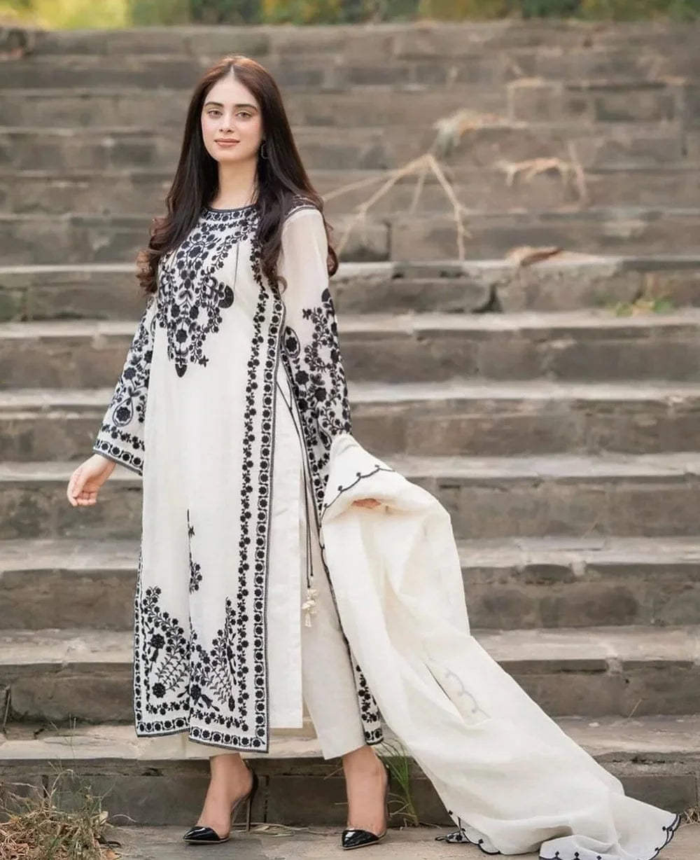 AA-21 Lawn Embroidered 3pc Suit With Bamber Chiffon Embroidered Dupatta