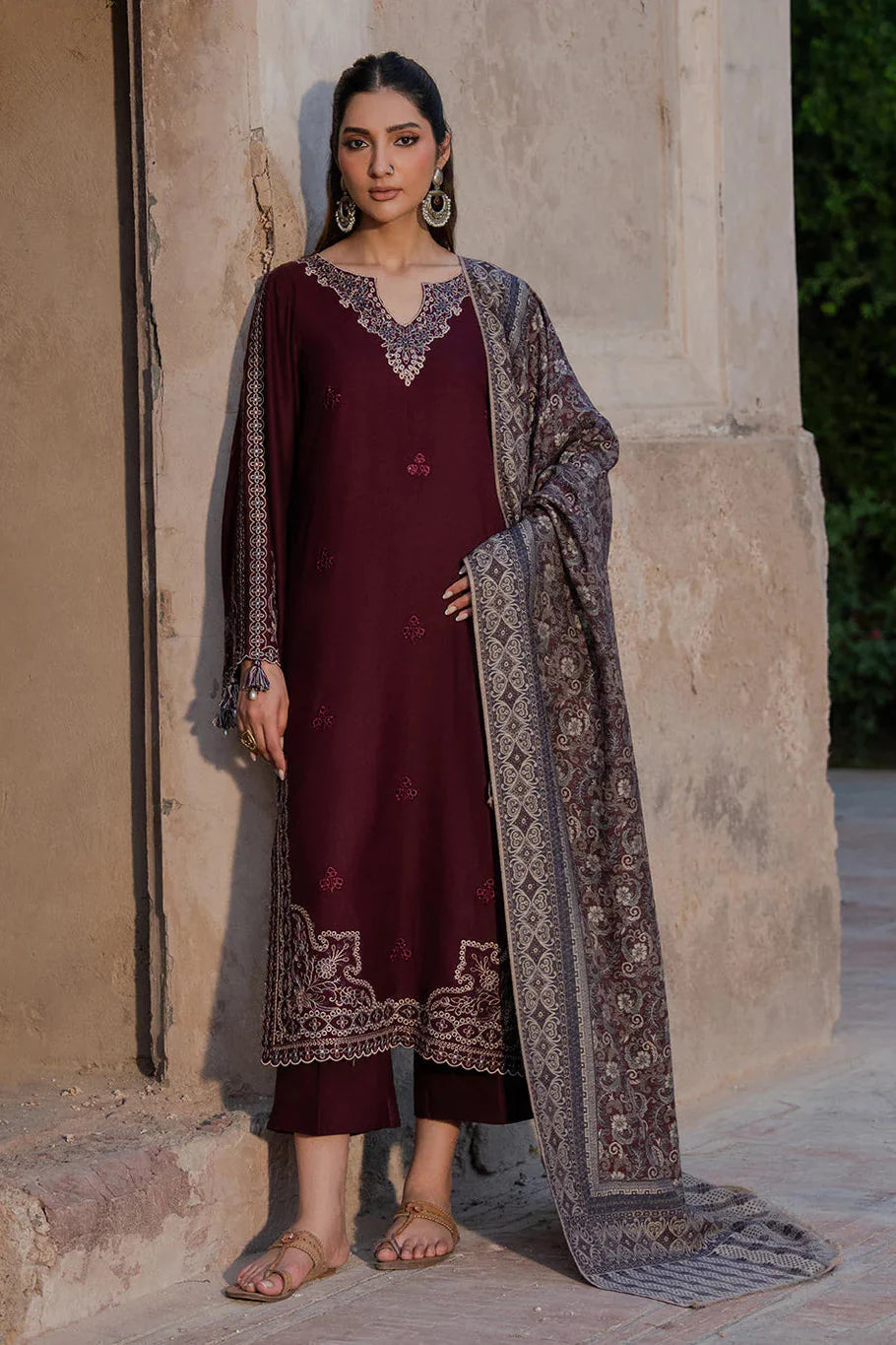 IZ-5733 Unstitched Heavy Embroidered Dhanak Suit With Printed Wool Shawl