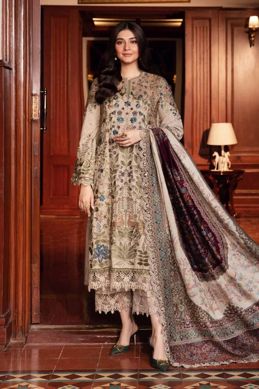 MB-555 Dhanak Embroidered Suit With Digital Printed Woolen Shawl