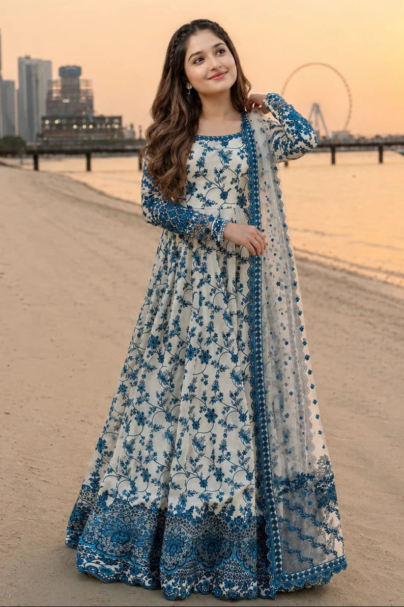 FS-1000 Lawn Unstitched Frock Fully Embroidered 3pc Suit With Organza Embroidered Dupatta