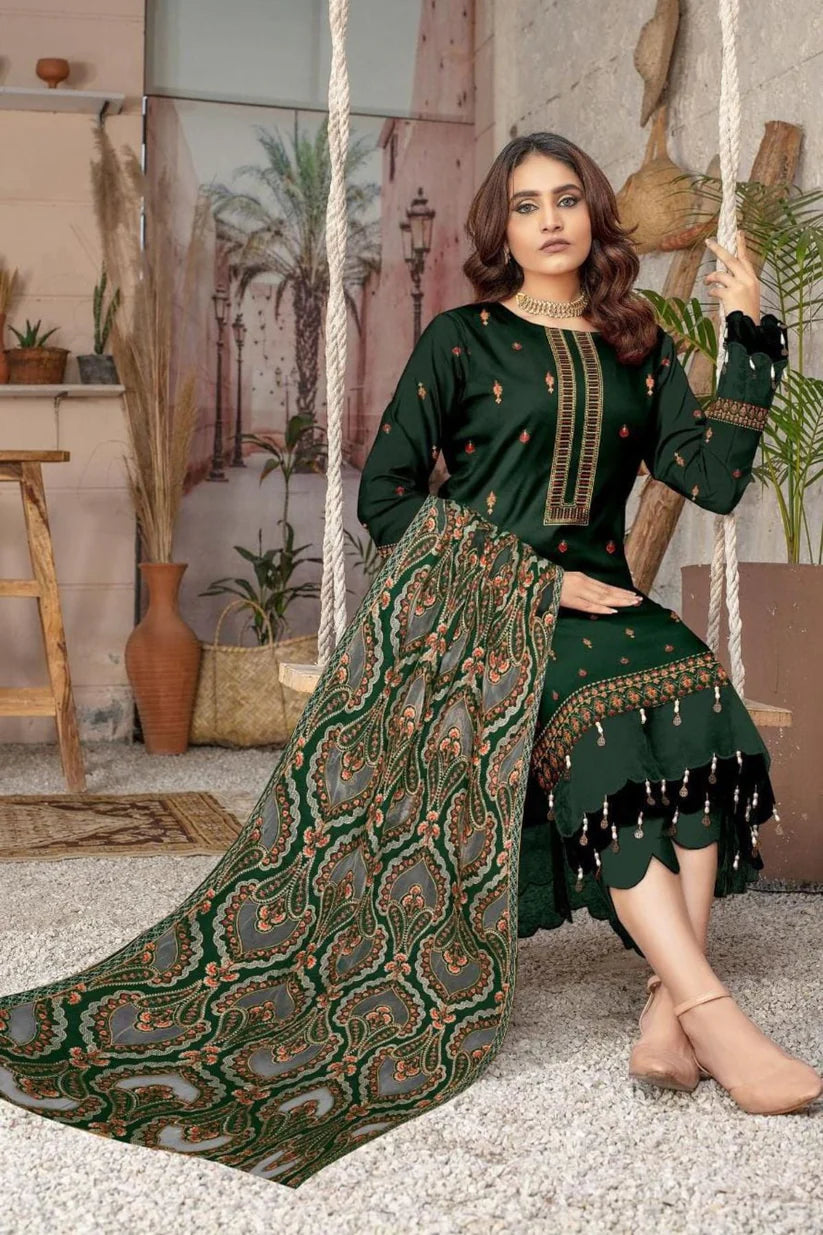 MB-2503(A) Dhanak Embroidered Suit with Dhanak Embroidered Aplik Cut Work Shawl