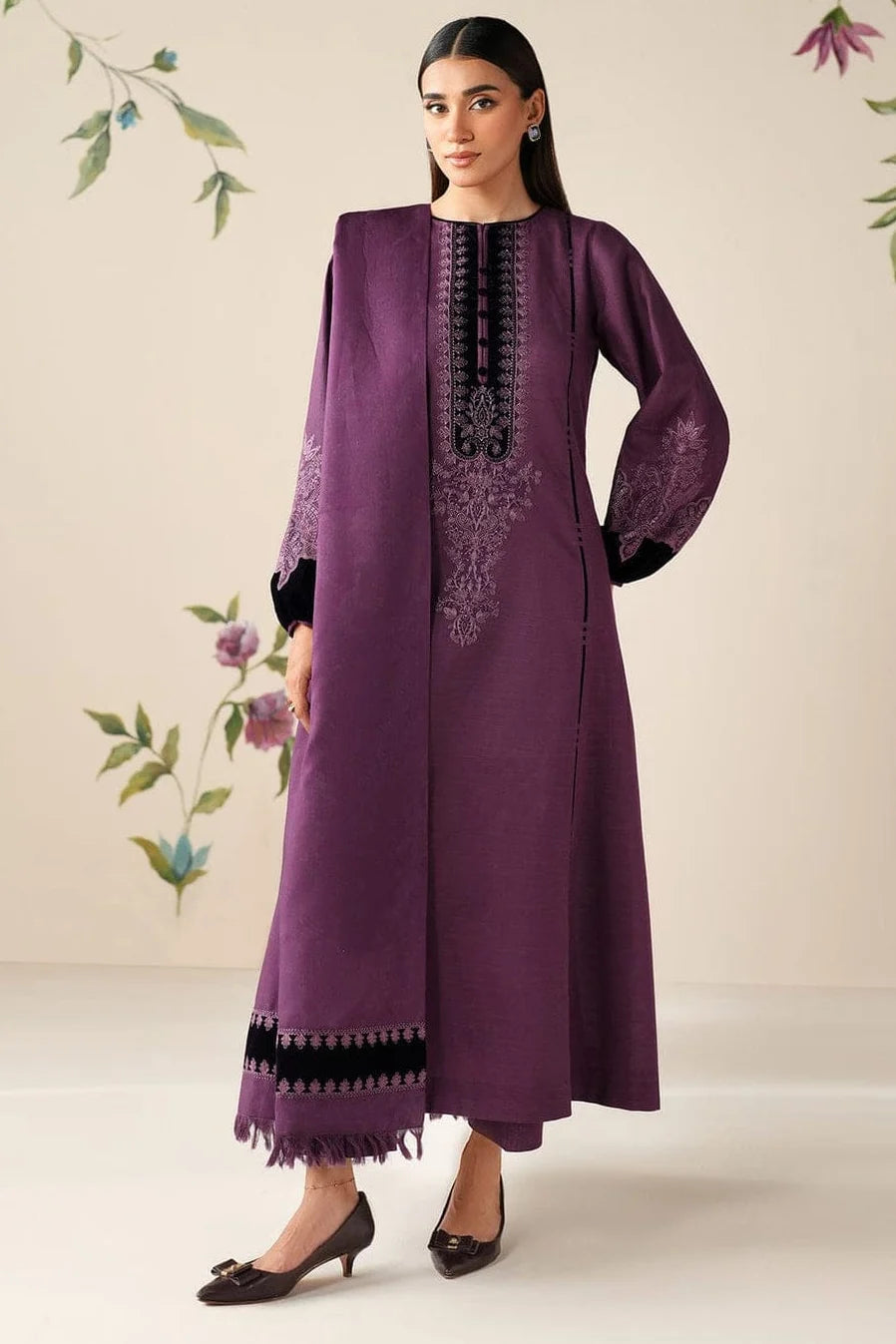 BQ-6433 Black Velvet Aplic Embroidered Dhanak Suit With Embroidered Dhanak Shawl