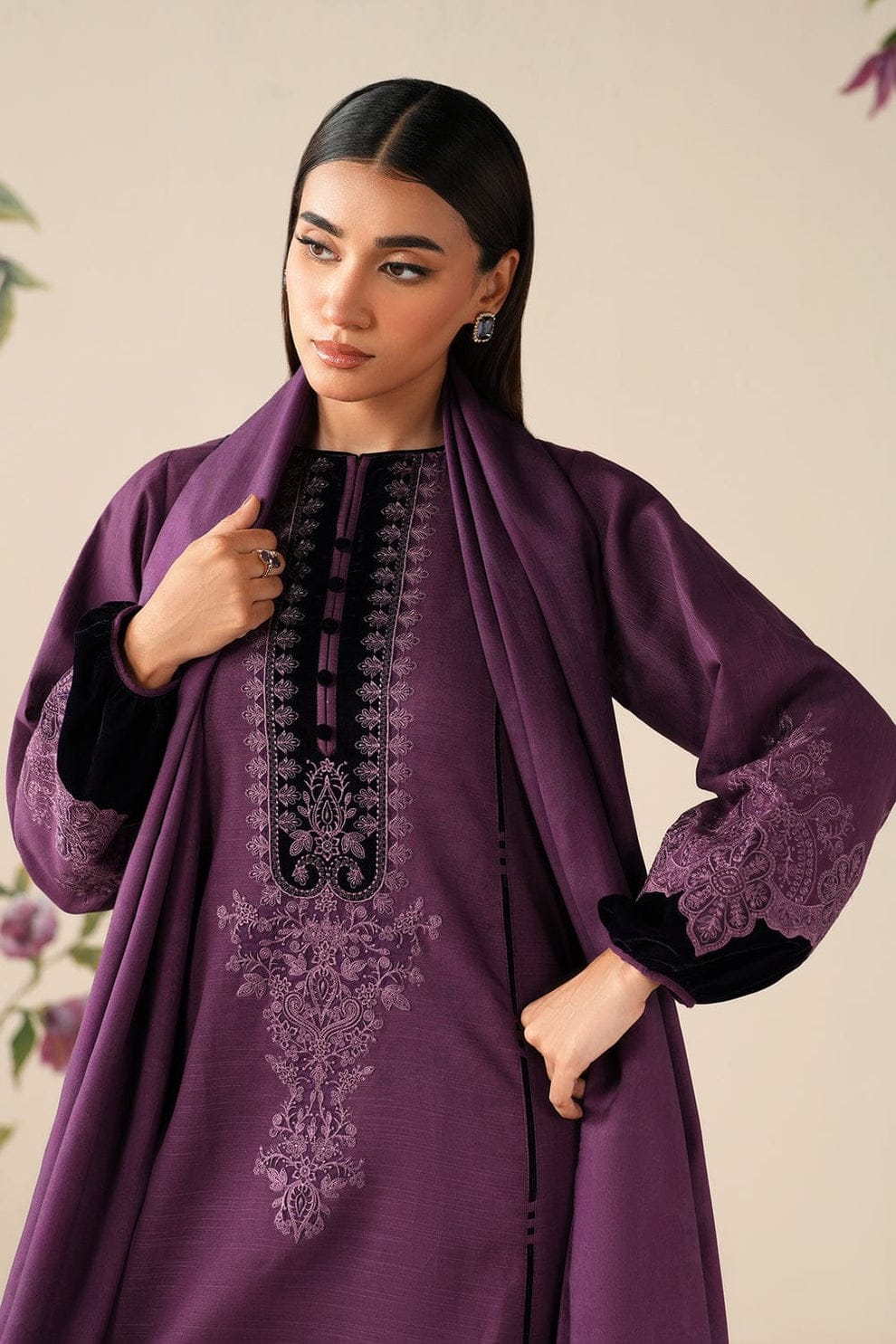 BQ-6433 Black Velvet Aplic Embroidered Dhanak Suit With Embroidered Dhanak Shawl