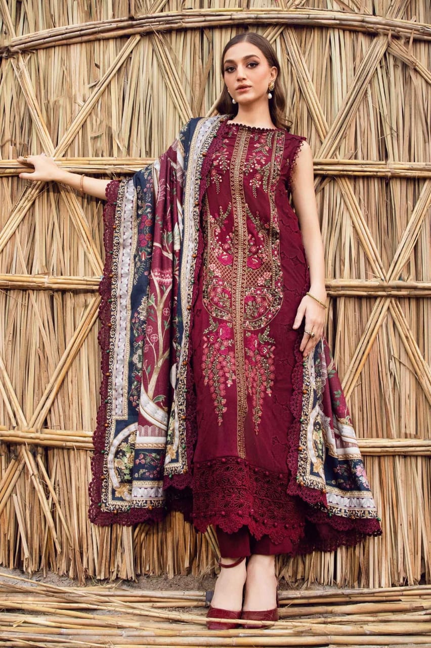 HR-515 Dhanak Embroidered Suit With Digital Printed Woolen Shawl