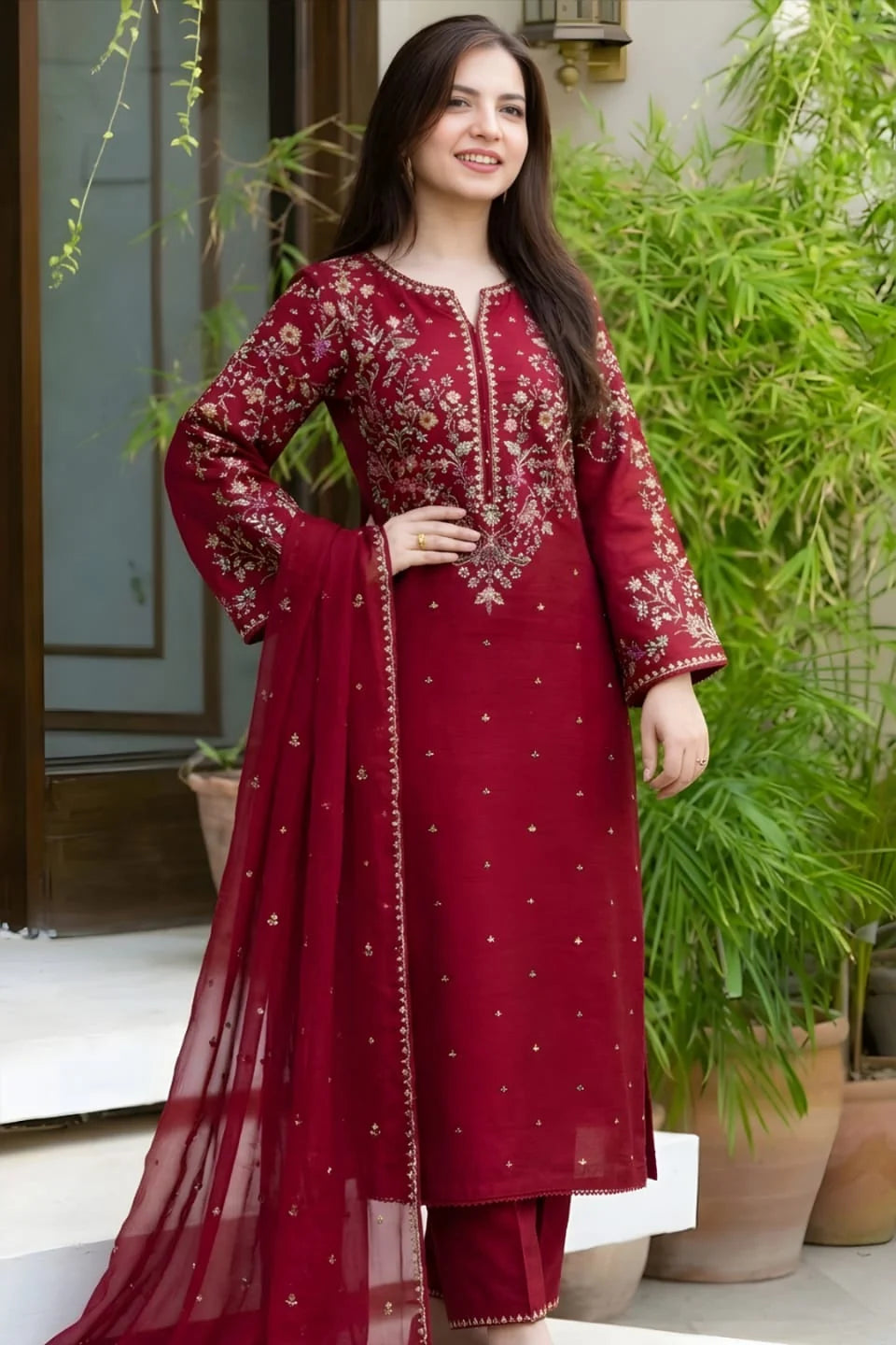 BT-2800A Unstitched Fully Embroidered Dhanak Suit With Embroidered Dhanak Shawl
