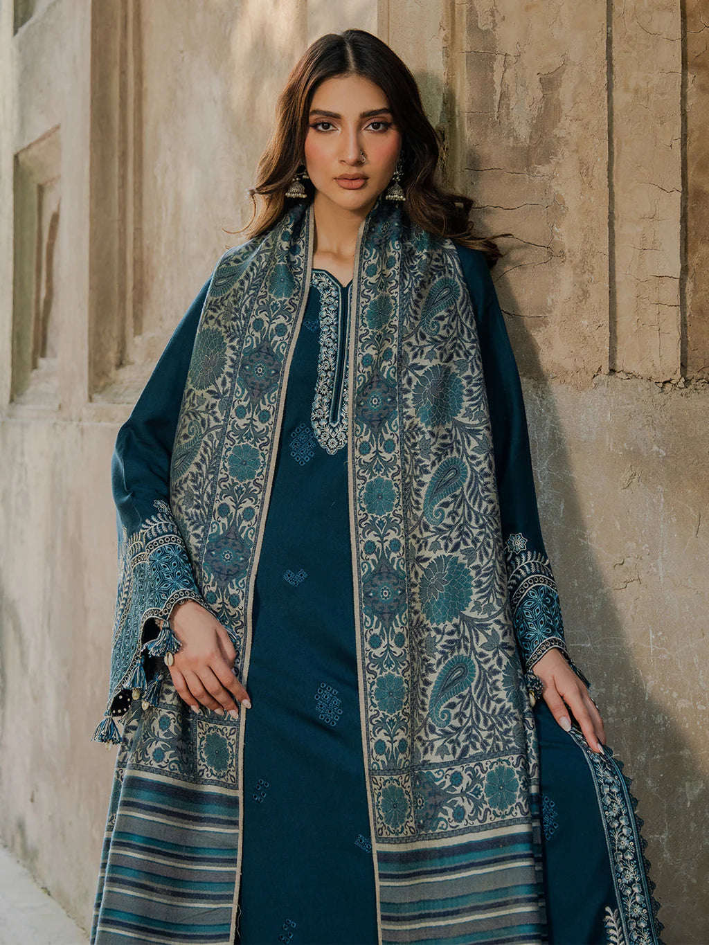 IZ-5333 Unstitched Heavy Embroidered Dhanak Suit With Printed Wool Shawl