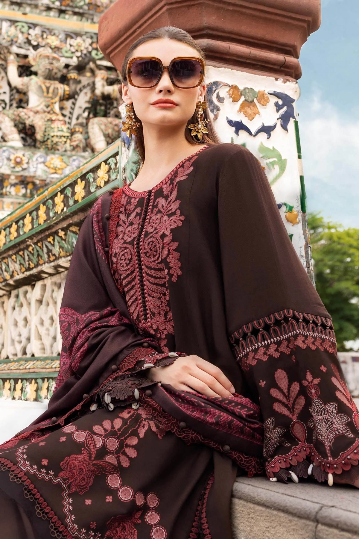 MB-3095 Dhanak Unstitched Fully Embroidered Suit With Printed Blended Shawl&nbsp;