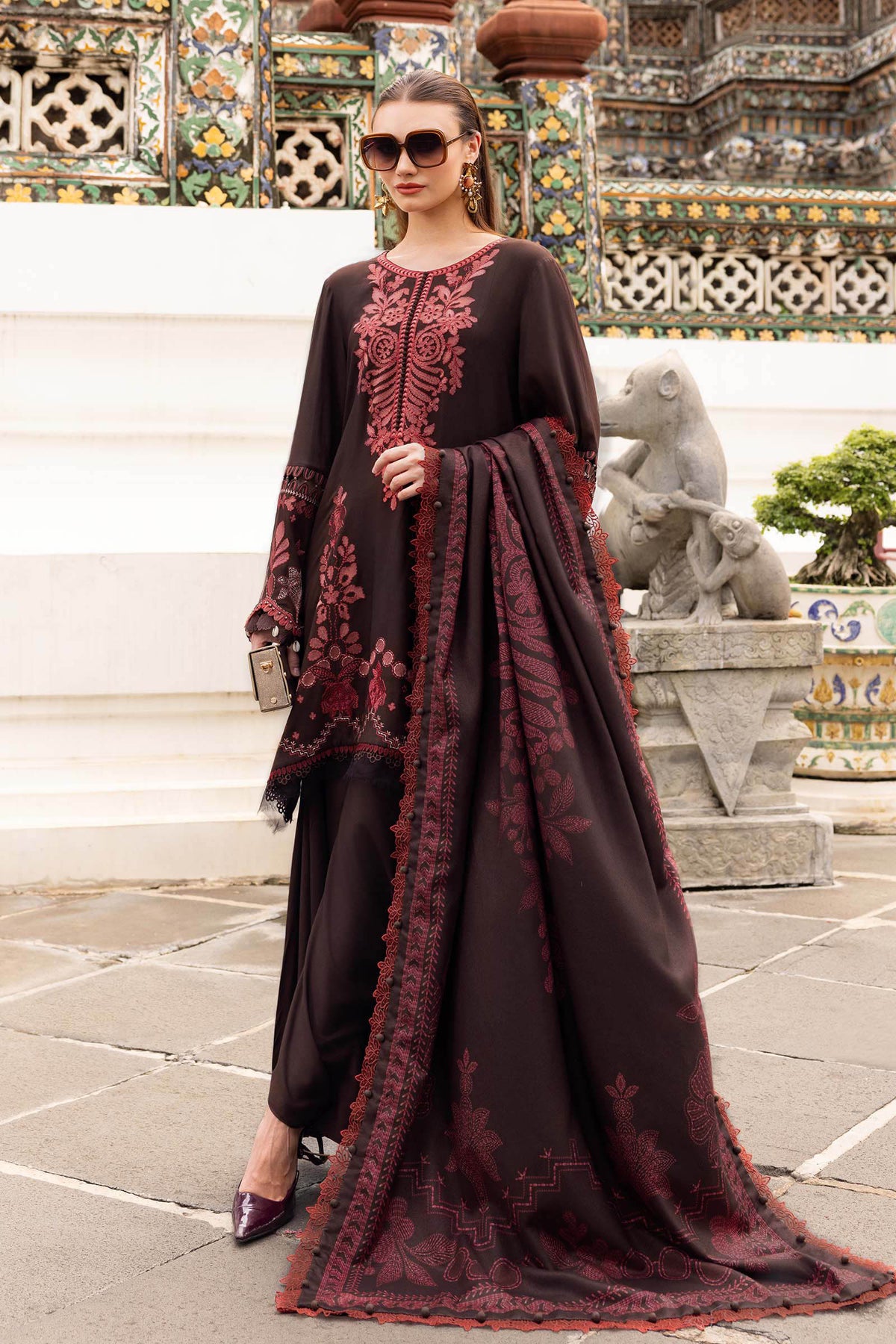 MB-3095 Dhanak Unstitched Fully Embroidered Suit With Printed Blended Shawl&nbsp;
