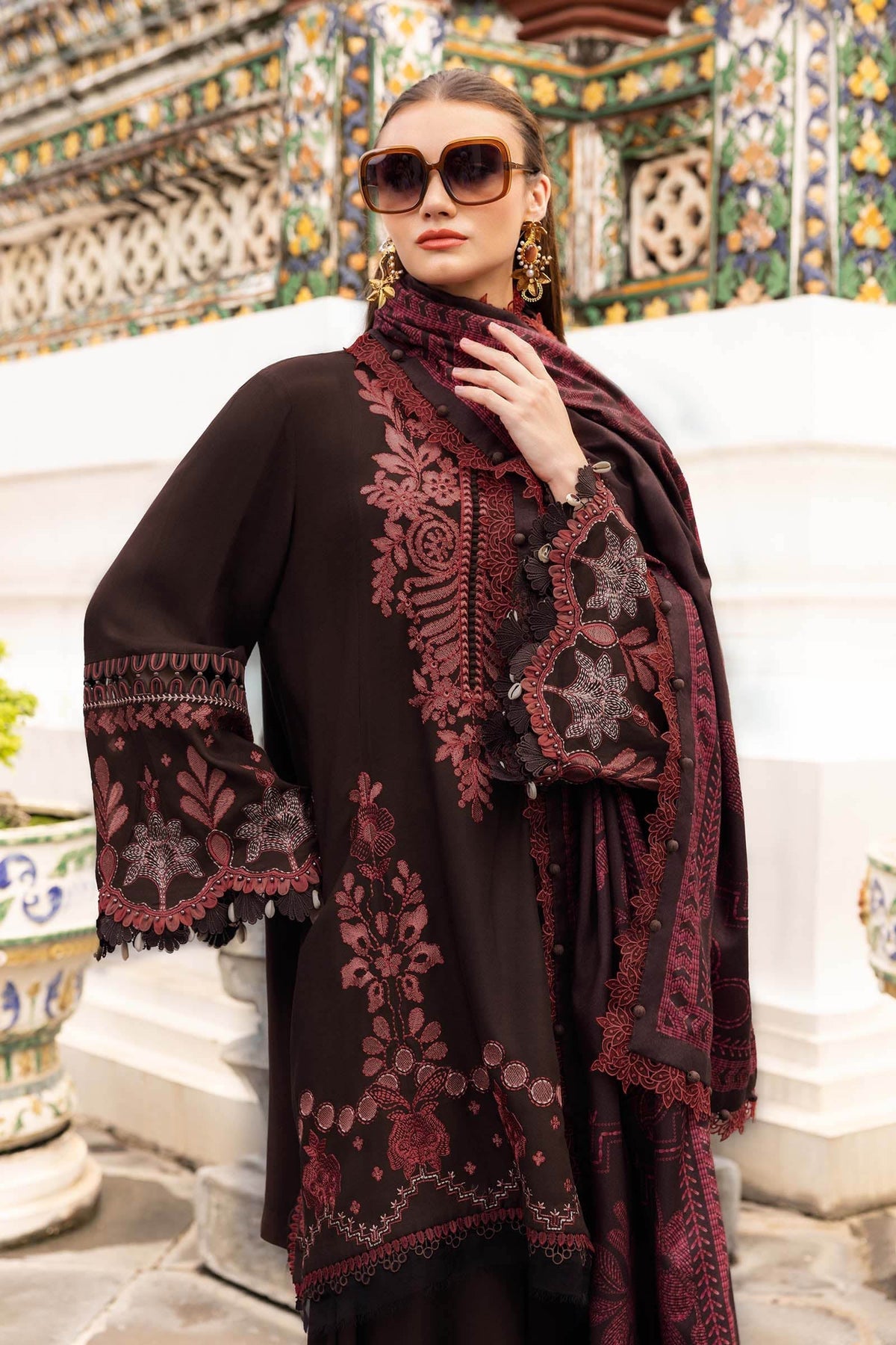 MB-3095 Dhanak Unstitched Fully Embroidered Suit With Printed Blended Shawl&nbsp;