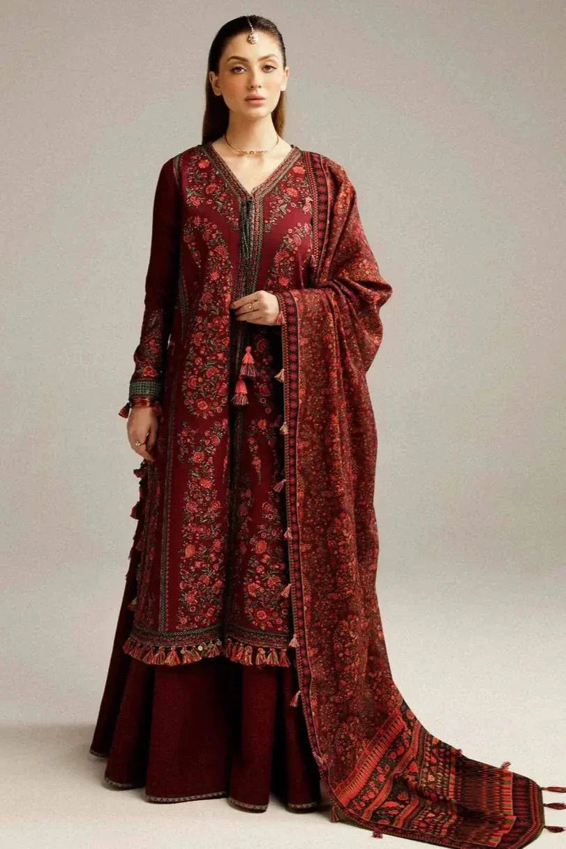 HR-730 Dhanak Embroidered Suit With Digital Printed Wool Shawl