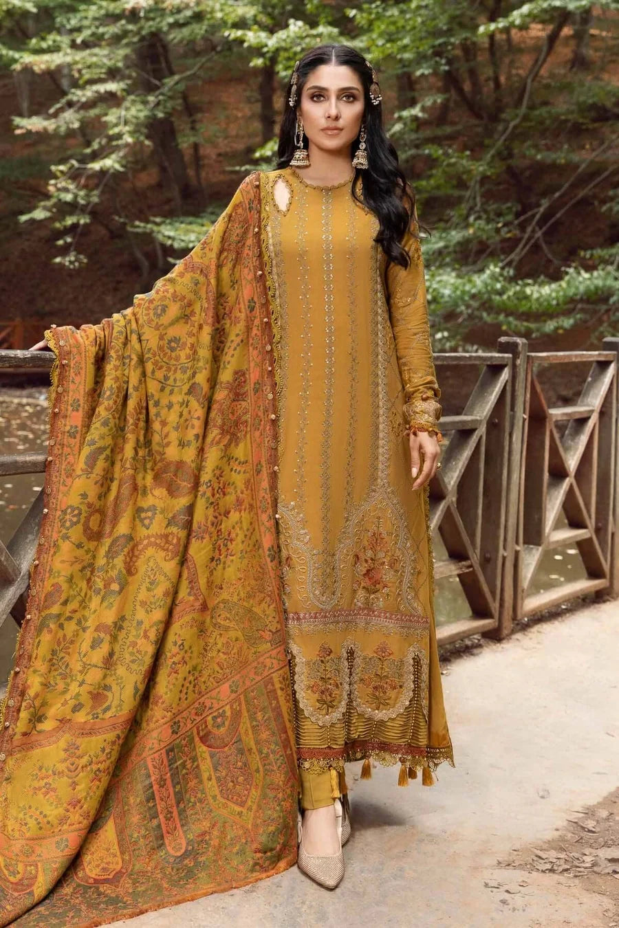 MB-3110 Dhanak Unstitched Fully Embroidered Suit With Printed Blended Shawl
