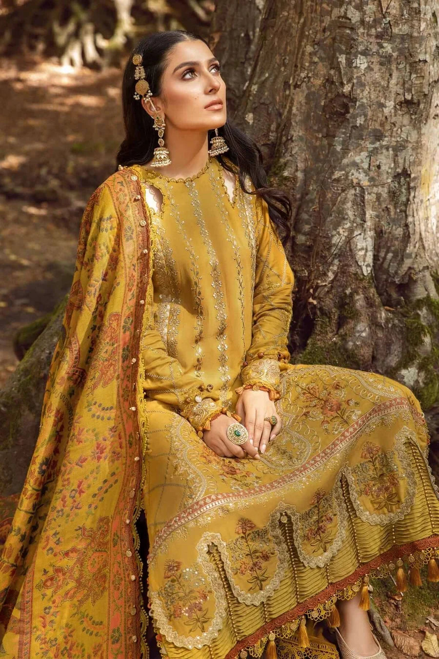 MB-3110 Dhanak Unstitched Fully Embroidered Suit With Printed Blended Shawl