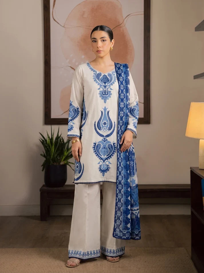 3 Piece Unstitched Heavy Embroidered Dhanak Suit ( Printed Woolen Shawl )