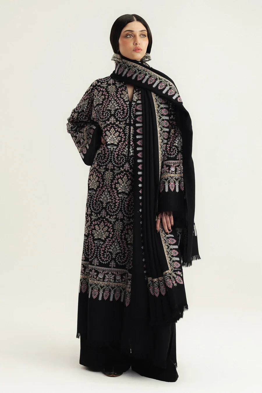 ZS-3120 Unstitched Fully Embroidered Dhanak Suit With Embroidered Dhanak Shawl