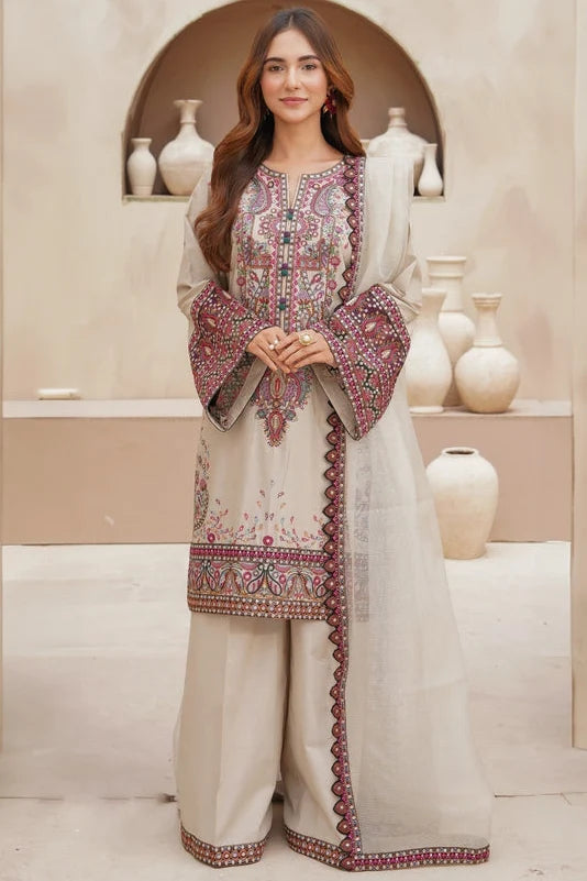 LM-2965 Unstitched Embroidered Dhanak Suit with Dhanak Embroidered Shawl