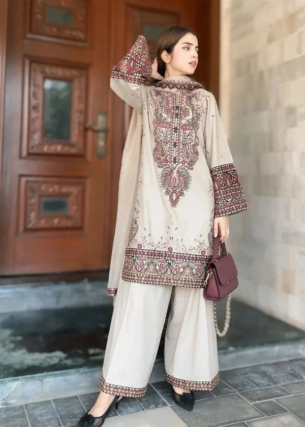 LM-2965 Unstitched Embroidered Dhanak Suit with Dhanak Embroidered Shawl