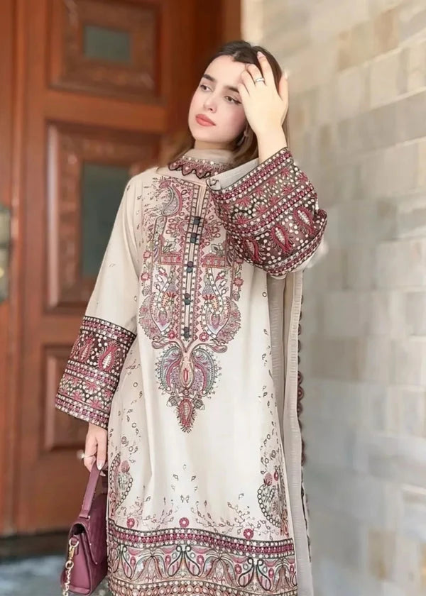 LM-2965 Unstitched Embroidered Dhanak Suit with Dhanak Embroidered Shawl