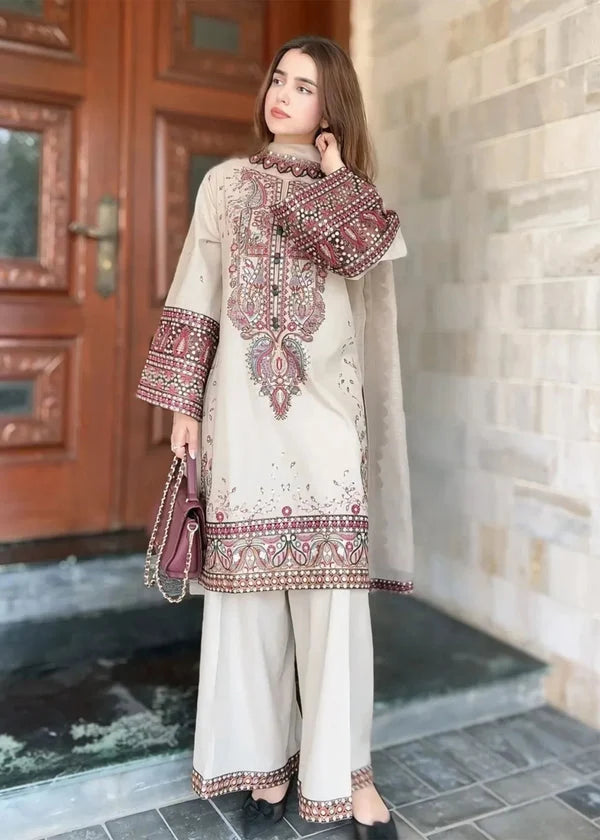 LM-2965 Unstitched Embroidered Dhanak Suit with Dhanak Embroidered Shawl