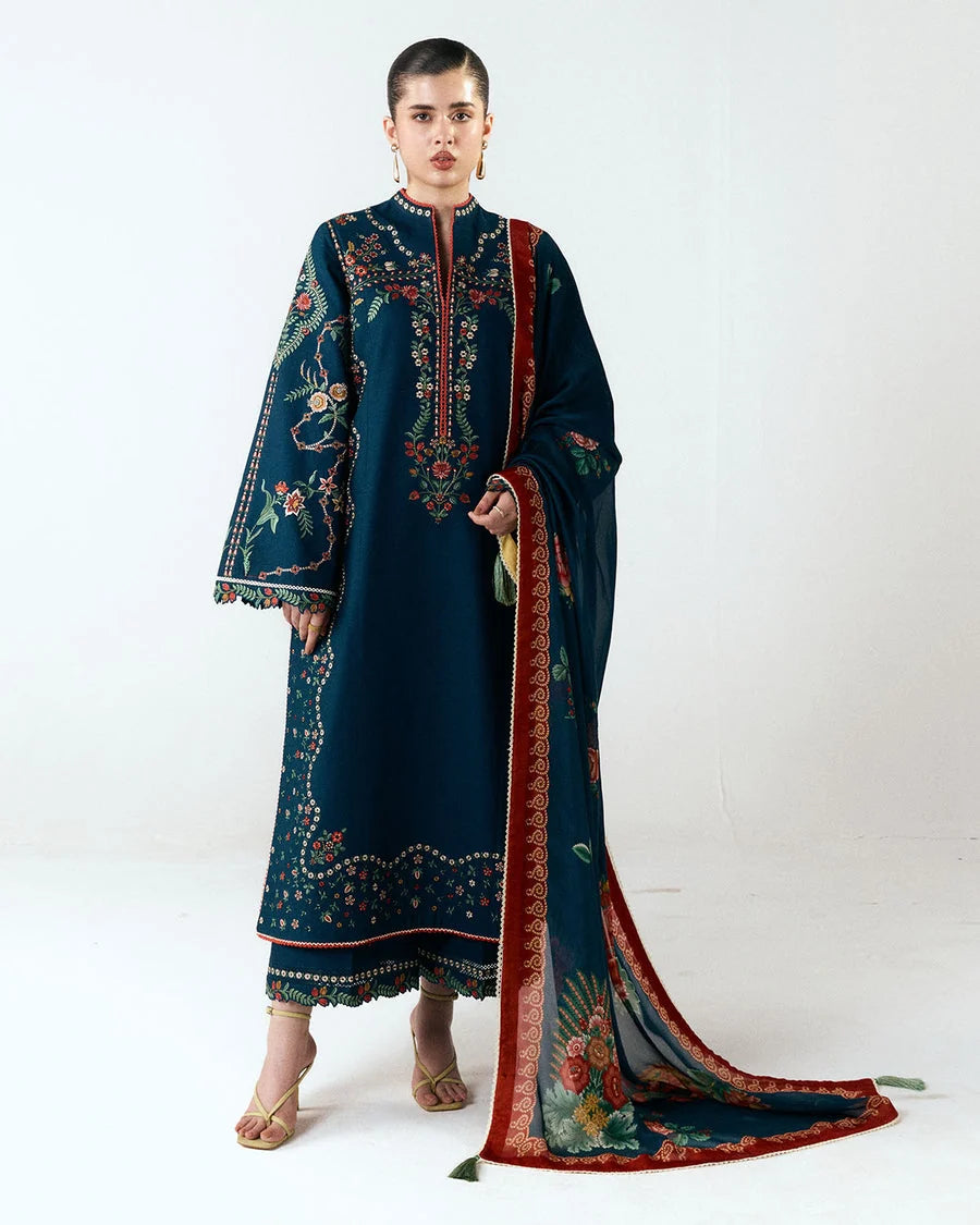 HR-3025 Unstitched Fully Embroidered Dhanak Suit With Digital Printed Wool Shawl