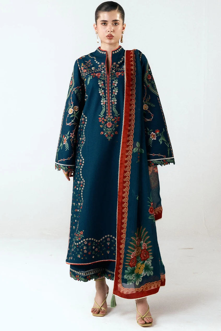 HR-3025 Unstitched Fully Embroidered Dhanak Suit With Digital Printed Wool Shawl