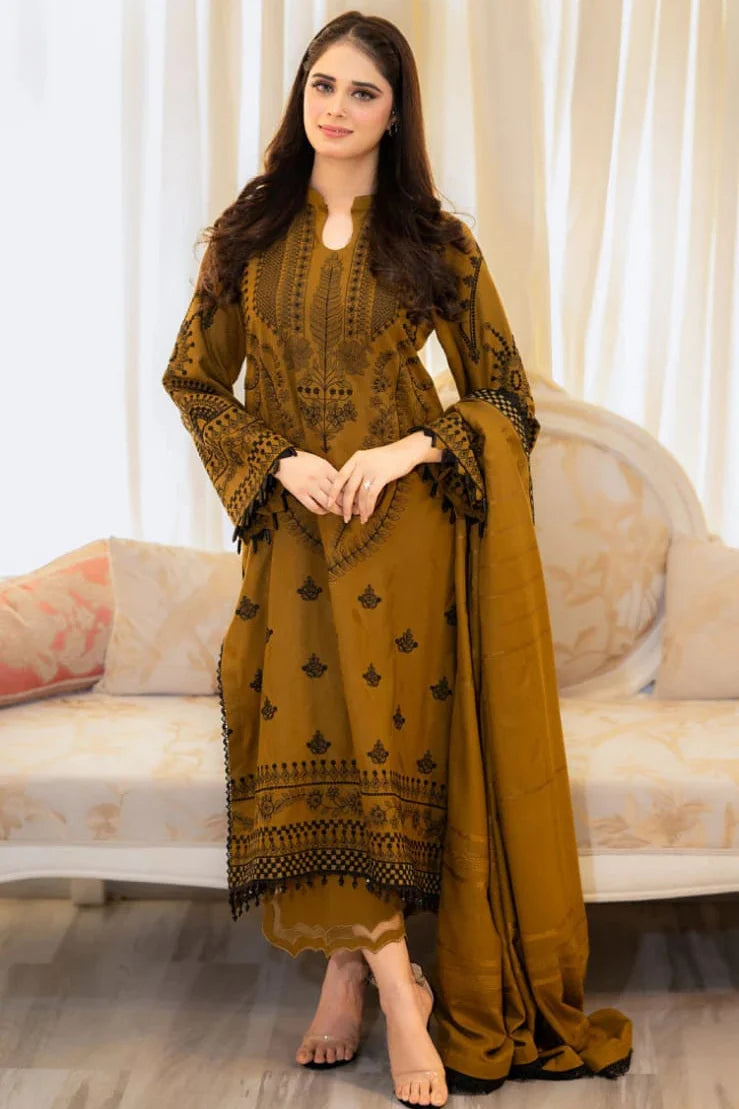 MB-100 Unstitched Fully Embroidered Dhanak Suit With Embroidered Dhanak Shawl