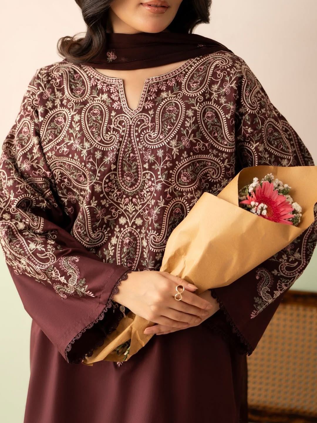 PZ-2563 Unstitched Fully Embroidered Dhanak Suit With Embroidered Dhanak Shawl